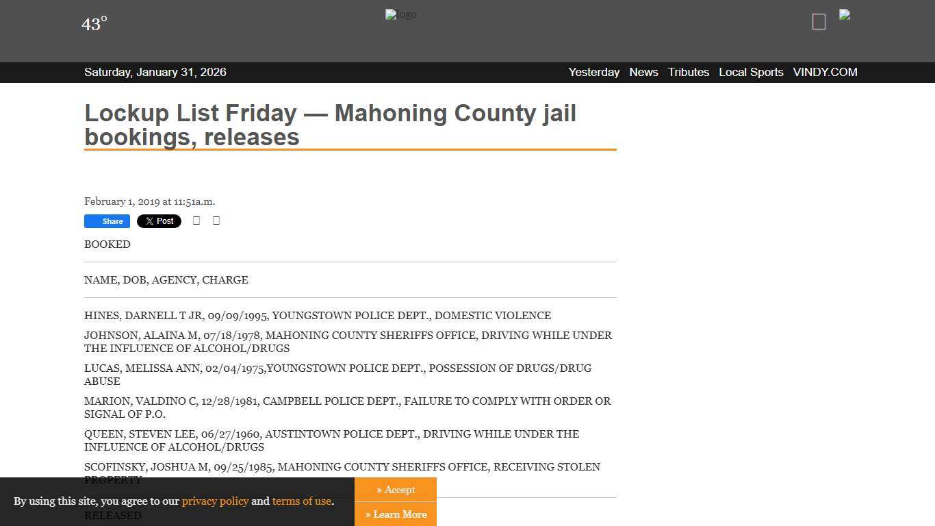 Lockup List Friday — Mahoning County jail bookings, releases Vindy Archives
